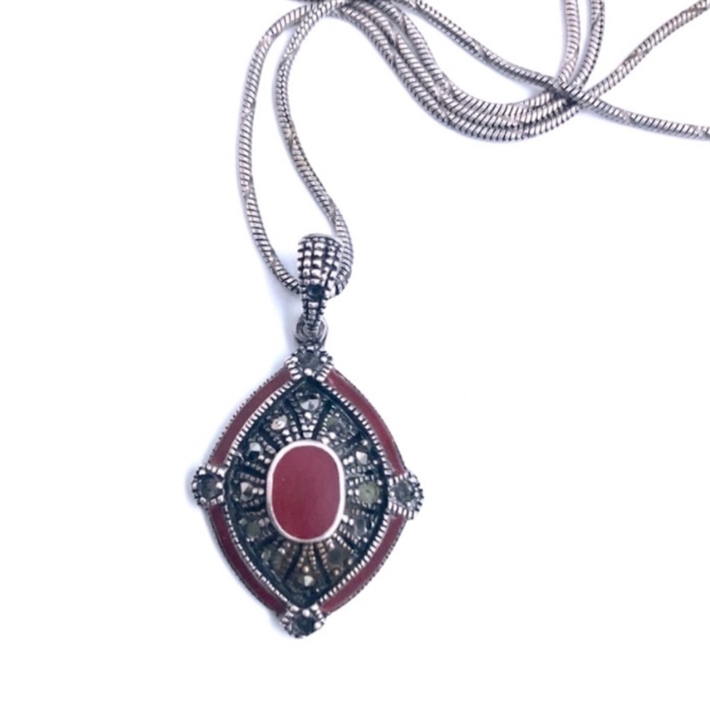 Vintage Sterling Silver Marcasite Elegant Silver and Red Pendant Necklace